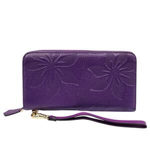 Bostanten Floral Purple Pebbled Vegan Leather Organizational Wallet Wristlet